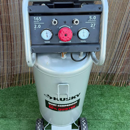 HUSKY 27 Gal.165 PSI Vertical Electric Oil-Free Quiet Auto/Workshop Air Compressor with Dual Gauges and 2-Quick Couplers