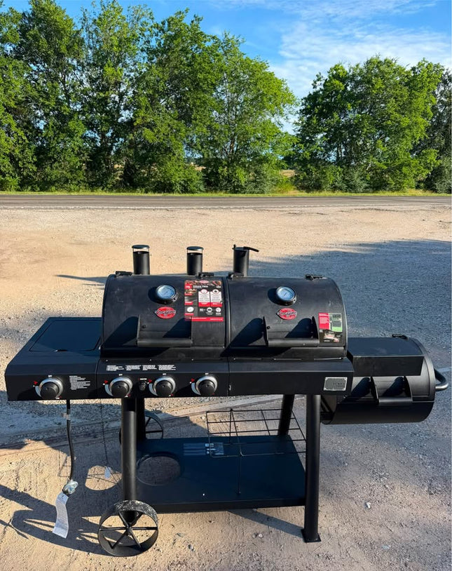 Texas Trio 4-Burner Dual Fuel Grill with Smoker in Black Char-Grilled