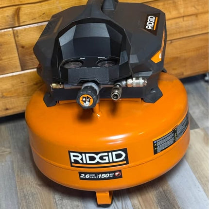 RIDGID 6 Gal. 150 PSI Portable Electric Oil-Free Jobsite Pancake Air Compressor with Dual Pressure Gauges and 2-Quick Couplers