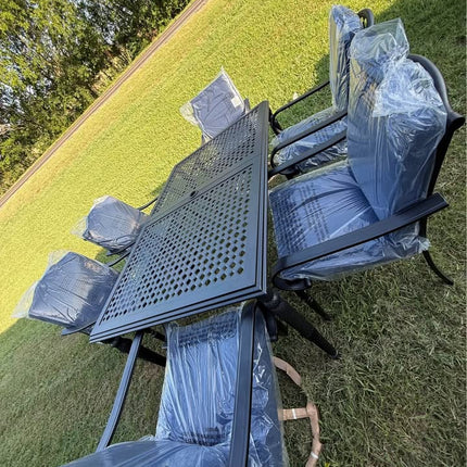 HAMPTON BAY 7-Piece Metal Outdoor Dining Set with Navy Blue Cushions