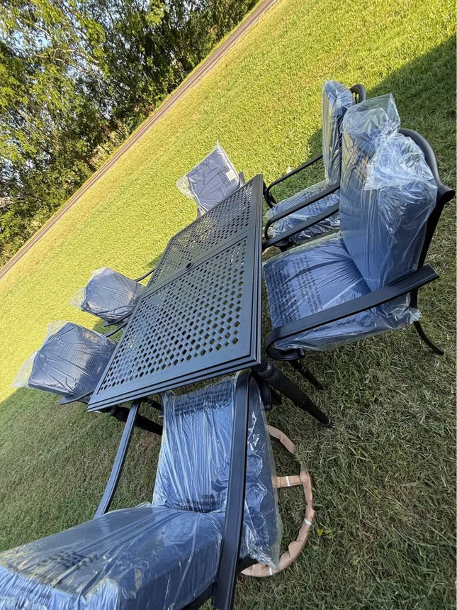 HAMPTON BAY 7-Piece Metal Outdoor Dining Set with Navy Blue Cushions