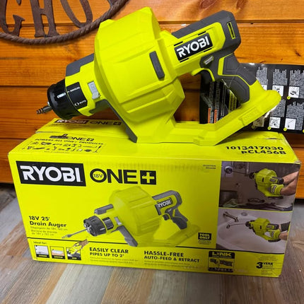 RYOBI ONE+ 18V Cordless Drain Auger with 25 ft Cable, LED Light, Auto Feed/Retract, Cable Lock, Enclosed Drum (Tool Only)