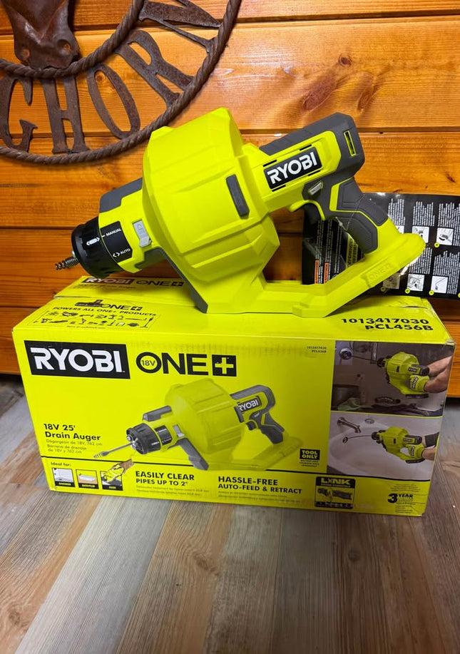 RYOBI ONE+ 18V Cordless Drain Auger with 25 ft Cable, LED Light, Auto Feed/Retract, Cable Lock, Enclosed Drum (Tool Only)