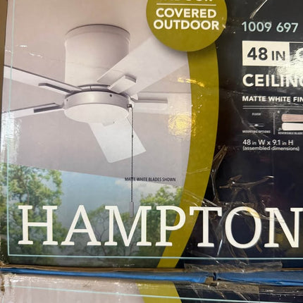HAMPTON BAY Grantway 48 in. Indoor/Covered Outdoor Matte White Low Profile Ceiling Fan Without Light with Pull Chain Included