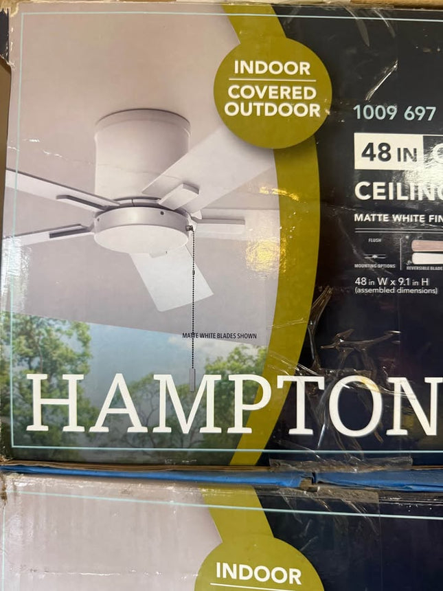 HAMPTON BAY Grantway 48 in. Indoor/Covered Outdoor Matte White Low Profile Ceiling Fan Without Light with Pull Chain Included