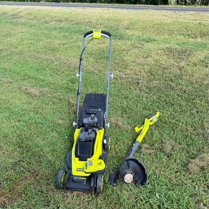 RYOBI ONE+ 18V 13 in. Cordless Battery Push Lawn Mower, String Trimmer, Blower w/ 4.0 Ah & 2.0 Ah Battery & (2) Chargers