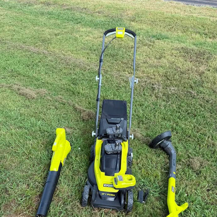 RYOBI ONE+ 18V 13 in. Cordless Battery Push Lawn Mower, String Trimmer, Blower w/ 4.0 Ah & 2.0 Ah Battery & (2) Chargers