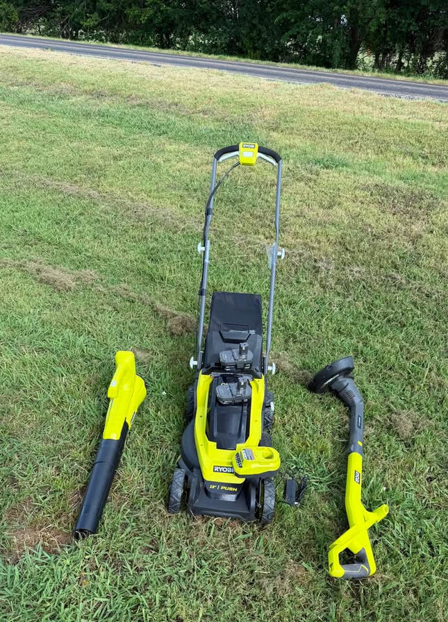 RYOBI ONE+ 18V 13 in. Cordless Battery Push Lawn Mower, String Trimmer, Blower w/ 4.0 Ah & 2.0 Ah Battery & (2) Chargers