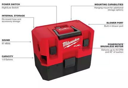 MIWAUKEE M12 FUEL 12-Volt Lithium-Ion Cordless 1.6 Gal. Wet/Dry Vacuum (Vacuum-Only)