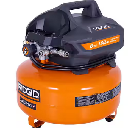 RIDGID 6 Gal. 150 PSI Portable Electric Oil-Free Jobsite Pancake Air Compressor with Dual Pressure Gauges and 2-Quick Couplers