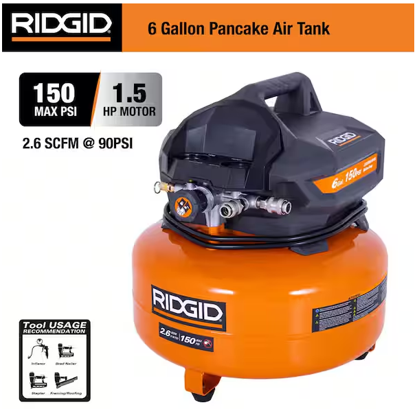 RIDGID 6 Gal. 150 PSI Portable Electric Oil-Free Jobsite Pancake Air Compressor with Dual Pressure Gauges and 2-Quick Couplers