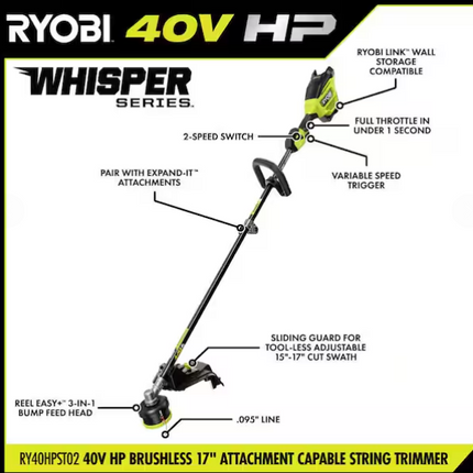 RYOBI 40V HP Brushless Whisper Series 17 in. Cordless Attachment Capable String Trimmer with 4 Ah Battery and Charger