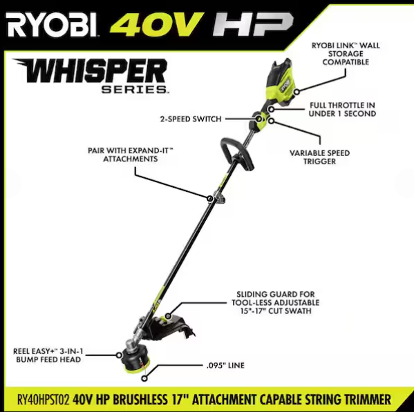 RYOBI 40V HP Brushless Whisper Series 17 in. Cordless Attachment Capable String Trimmer with 4 Ah Battery and Charger