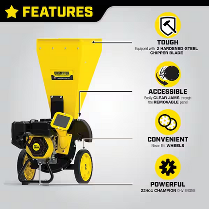 CHAMPION Power Equipment 3 in. Dia 224 cc 2-in-1 Upright Gas Powered Wood Chipper Shredder