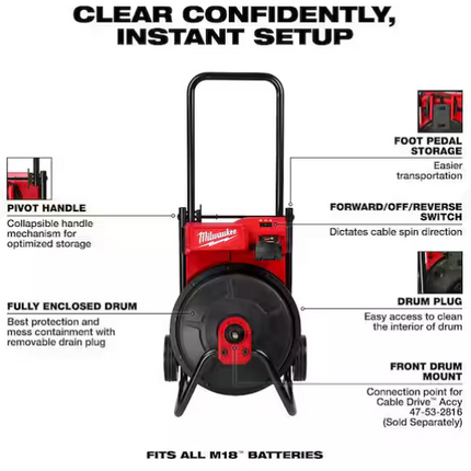 MILWAUKEE M18 18V Lithium-Ion 3/8 in- 1/2” x 75 ft. Cable Cordless Drain Cleaning Drum Machine