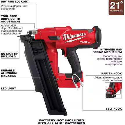 MILWAUKEE M18 FUEL 3-1/2 in. 18-Volt 21-Degree Lithium-Ion Brushless Cordless Framing Nailer (Tool-Only)