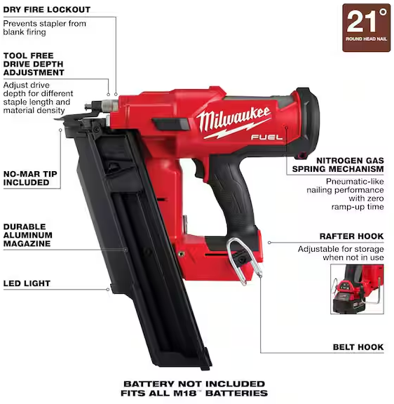 MILWAUKEE M18 FUEL 3-1/2 in. 18-Volt 21-Degree Lithium-Ion Brushless Cordless Framing Nailer (Tool-Only)