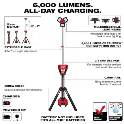 MILWAUKEE M18 18-Volt Lithium-Ion Cordless 6,000 Lumens Rocket Dual Power Tower Light with Charger (Tool-Only)
