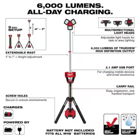 MILWAUKEE M18 18-Volt Lithium-Ion Cordless 6,000 Lumens Rocket Dual Power Tower Light with Charger (Tool-Only)