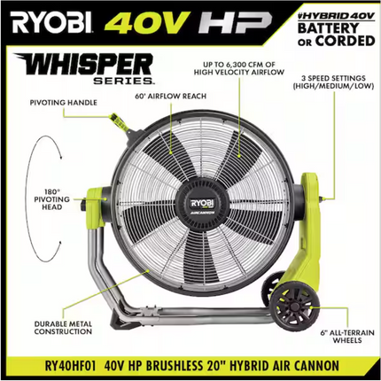 RYOBI 20” Air Cannon Fan + 6.0Ah Battery – SUPER POWER COOLING 40V