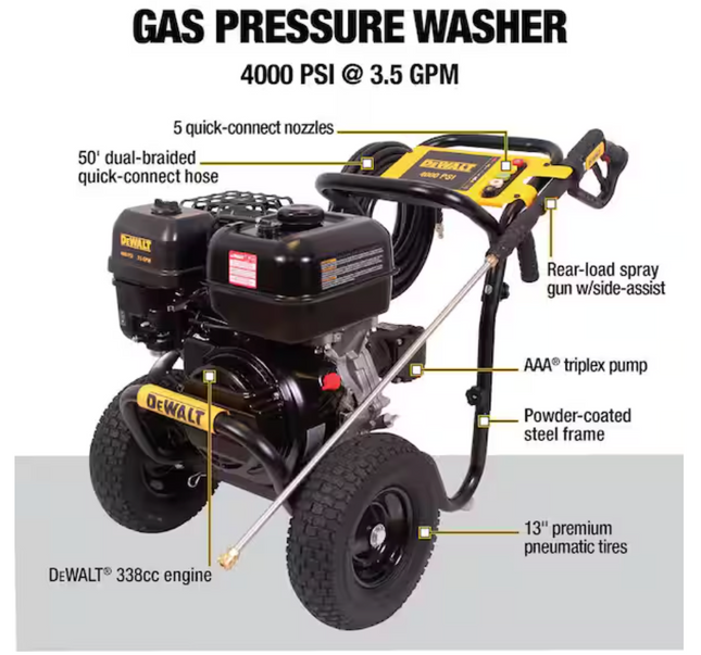 DEWALT 4000 PSI 3.5 GPM Gas Pressure Washer with 338cc Engine, Heavy-Duty Commercial Cold Water Power Cleaner