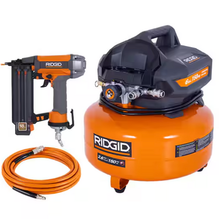 6 Gal. 150 PSI Portable Electric Oil-Free Jobsite Pancake Air Compressor with 25 ft. Air Hose and 18GA Brad Nailer
