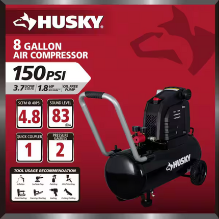Husky 8 Gal. 150 PSI Portable Electric Oil-Free Horizontal Hotdog Air Compressor