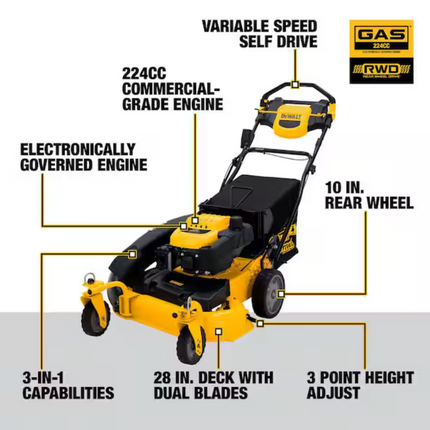 28 in. 224cc E-GOV Engine 3-in-1 Gas RWD Self-Propelled Lawn Mower with High Rear Wheels