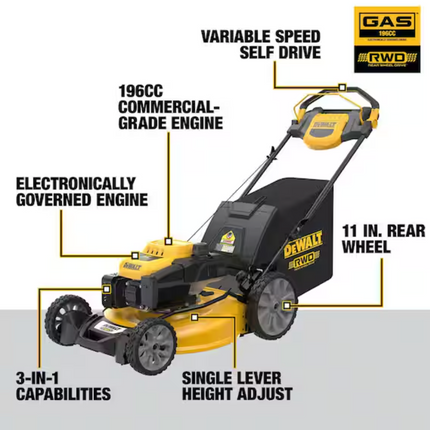 21 in. 196cc E-GOV Engine 3-in-1 Gas RWD Self-Propelled Lawn Mower with High Rear Wheels