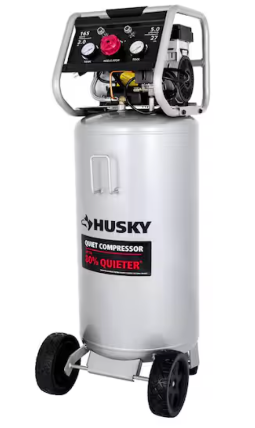 HUSKY 27 Gal.165 PSI Vertical Electric Oil-Free Quiet Auto/Workshop Air Compressor with Dual Gauges and 2-Quick Couplers
