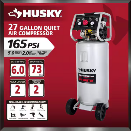 HUSKY 27 Gal.165 PSI Vertical Electric Oil-Free Quiet Auto/Workshop Air Compressor with Dual Gauges and 2-Quick Couplers