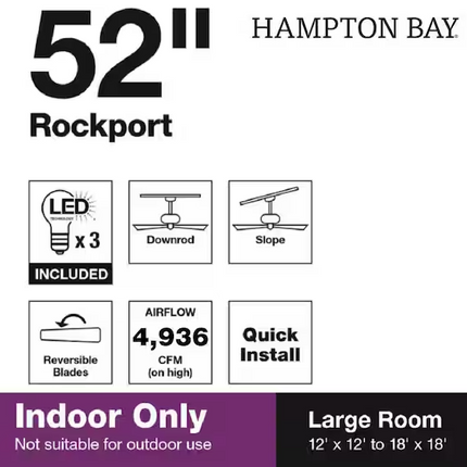 HAMPTON BAY Rockport 52 in. Indoor LED Brushed Nickel Ceiling Fan with Light Kit, Downrod, Reversible Blades and Reversible Motor
