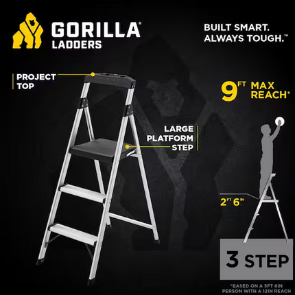 Gorilla Ladders 3-Step Aluminum Step Stool Ladder, 250 lbs. Type I Duty Rating (9ft. Reach Height)
