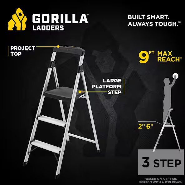 Gorilla Ladders 3-Step Aluminum Step Stool Ladder, 250 lbs. Type I Duty Rating (9ft. Reach Height)