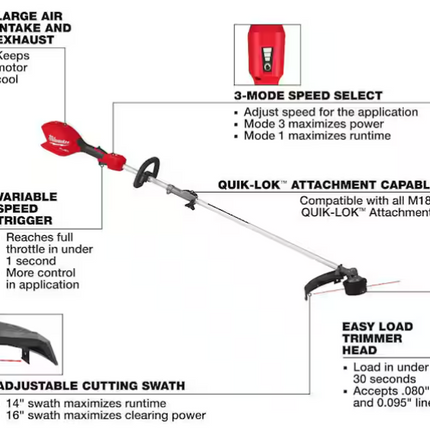 MILWAUKEE M18 FUEL 18V 16 in. Brushless Cordless Battery Powered String Trimmer with QUIK-LOK Attachment Capability (Tool-Only)