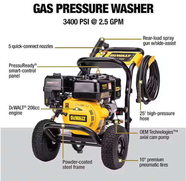 DEWALT 3400 PSI 2.5 GPM Gas Pressure Washer with PressuReady Engine, Heavy-Duty Commercial Cold Water Power Cleaner