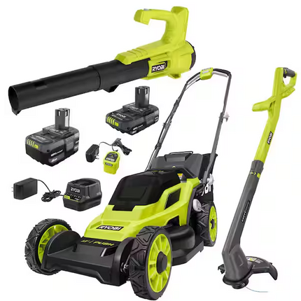 RYOBI ONE+ 18V 13 in. Cordless Battery Push Lawn Mower, String Trimmer, Blower w/ 4.0 Ah & 2.0 Ah Battery & (2) Chargers