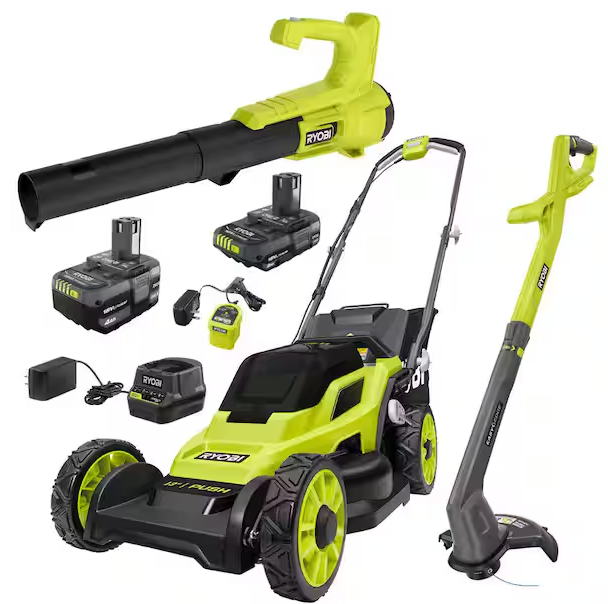 RYOBI ONE+ 18V 13 in. Cordless Battery Push Lawn Mower, String Trimmer, Blower w/ 4.0 Ah & 2.0 Ah Battery & (2) Chargers