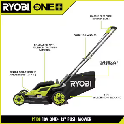 RYOBI ONE+ 18V 13 in. Cordless Battery Push Lawn Mower, String Trimmer, Blower w/ 4.0 Ah & 2.0 Ah Battery & (2) Chargers