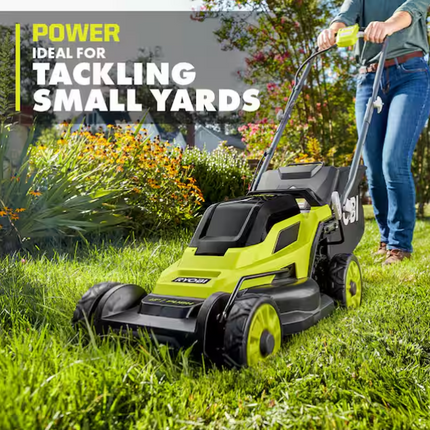 RYOBI ONE+ 18V 13 in. Cordless Battery Push Lawn Mower, String Trimmer, Blower w/ 4.0 Ah & 2.0 Ah Battery & (2) Chargers