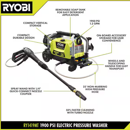 RYOBI 1900 PSI 1.2 GPM Cold Water Wheeled Corded Electric Pressure Washer with Premium Foamer