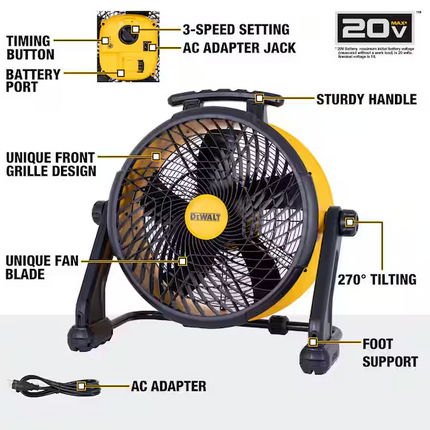 DEWALT 18 in. 20V Cordless AC/DC Hybrid 3-Speed Drum Yellow Fan with Adapter Cord (Tool Only)