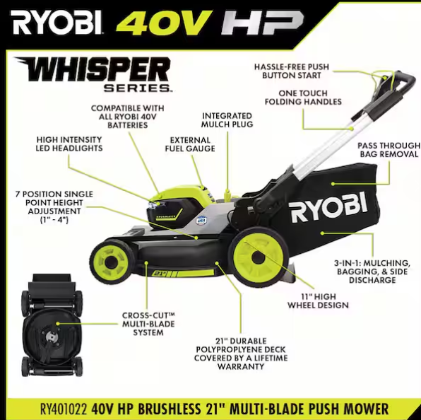 RYOBI 40V HP Brushless 21" Whisper Series Cordless Walk-Behind Multi-Blade Push Lawn Mower - (2) 6.0 Ah Batteries & Charger