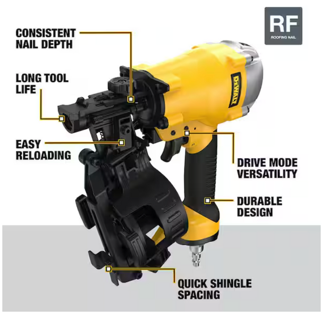 DEWALT 1-3/4 in. 15 Degree Pneumatic Coil Roofing Nailer