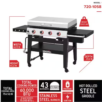Nexgrill 4-Burner Propane Gas Grill 36 in. Flat Top Griddle in Black with Stainless Steel Lid