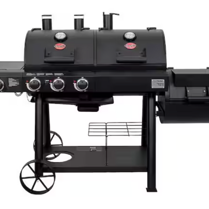 Texas Trio 4-Burner Dual Fuel Grill with Smoker in Black Char-Grilled