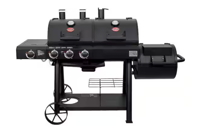 Texas Trio 4-Burner Dual Fuel Grill with Smoker in Black Char-Grilled