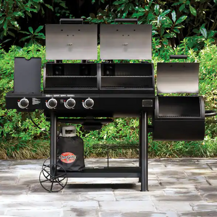 Texas Trio 4-Burner Dual Fuel Grill with Smoker in Black Char-Grilled