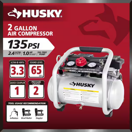 2 Gal. 135 PSI Portable Electric Oil-Free Quiet Jobsite Air Compressor with Dual Pressure Gauges and 1-Quick Coupler