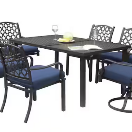HAMPTON BAY 7-Piece Metal Outdoor Dining Set with Navy Blue Cushions